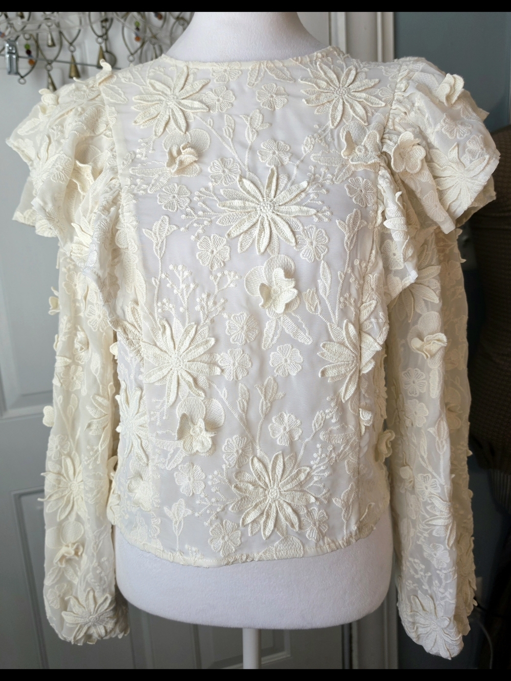 House of Harlow 1960 3D Floral Appliqué Blouse Womens XS Ivory Long Puff Sleeve